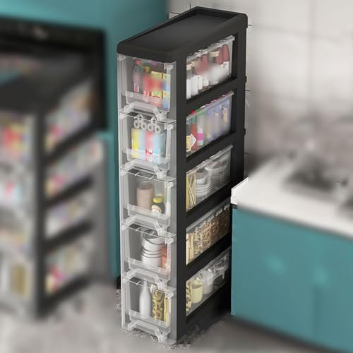 Schlanker Aufbewahrungsschrank aus Kunststoff mit transparenten Schubladen, Roll-Organizer für Badezimmer, Schlafzimmer, Büro, platzsparendes Design mit Rollen