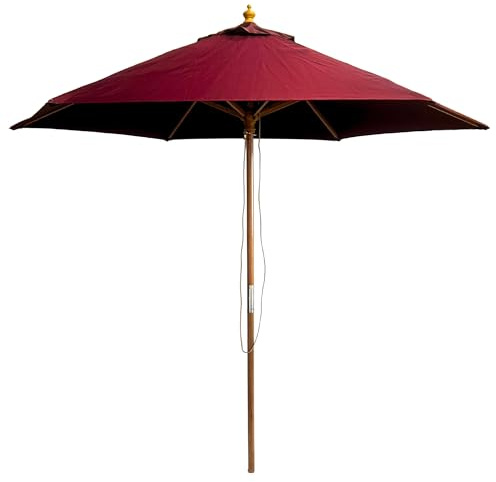BrackenStyle 2.5m Diameter Wooden Garden Parasol - Pulley Operated Machine Washable UV Blocking 250cm Patio Umbrella (Burgundy)