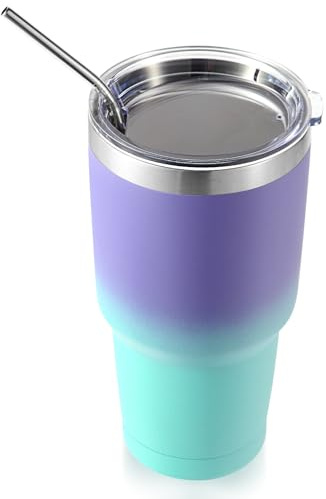 Volhoply 900ml 30oz Insulated Tumbler with Lid and Straw, Double Wall Inner & Outer 304 Stainless Steel Coffee Cup, Travel Mug Reusable Thermal Cup for Cold & Hot Drinks (Purple Blue,1 Pack)