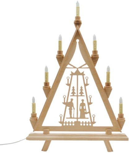 Erzwelt - Lichterbogen DBR37 – Weihnachtsdeko – Motiv Pyramide | 58 x 37 x 5 cm – Schwedenleuchter aus Holz – spitzer Schwibbogen mit 7 Kerzen – Original Erzgebirge Lichterspitze
