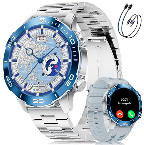 Montre Connectée Homme Luxe avec Appel Bluetooth/2 Bracelet,1.43‘’ AMOLED Écran,800mAh,IP68 Étanche Fitness Tracker avec Moniteur de Fréquence Cardiaque/SpO2/Sommeil,pour Android iOS,Bleu Argenté