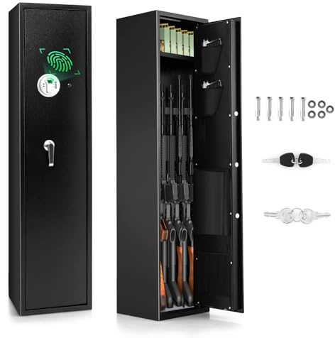 KOMFOTTEU Armario para Armas 5 Rifles, Caja Fuerte con Huella Dactilar, Cerradura Electrónica, Armero de Acero con Teclado Digital, Bolsillos, Llave de Emergencia, Armario para Armas Largas