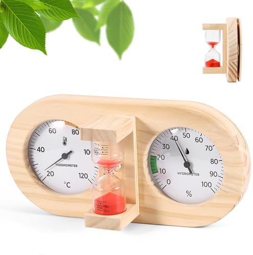 Termómetro higrómetro 2 en 1 para sauna, termohigrómetro para sauna de madera, accesorio de sauna de alta precisión para medir la temperatura y la humedad en salas de vapor y sauna, reloj de arena