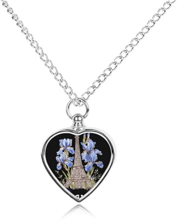 Eiffel Tower Iris Flowers France French Flag Pet Ash Necklace Keepsake Memorial Heart Pendant Jewelry