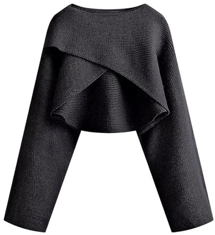 Générique Pull Femme Tricot Court Manches Longues Col Rond Ourlet Irrégulier Confortable Tendance Mode Élégant Hiver (Black, One Size)