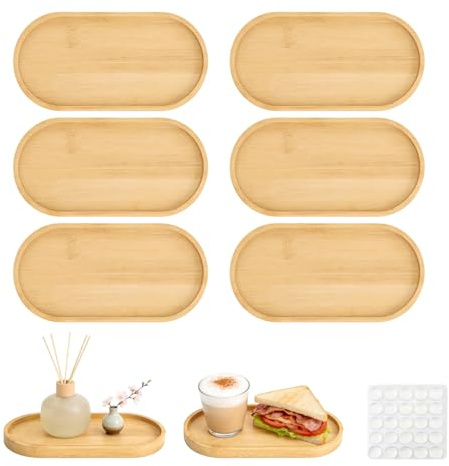6 Stück Bambus Tablett, Holztablett Klein, Holztablett Oval Tablett Holz, Deko Tablett, Kann als Tee- und Kaffee-Untersetzer, Kuchen- und Snack-Tablett Verwendet Werden (mit Anti-Rutsch-Aufkleber)