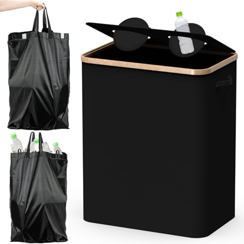 Foumteex Pfandflaschen Sammelbehälter 2 Fächer mit Decke,160L Pfandsammler Organizer and Pfandflaschen Behälter Aufbewahrung, Leergutbehälter fur Recycling Abstellraum Flaschentasche