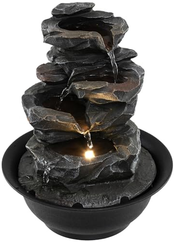 COSTWAY Fuente de Mesa Cascada, Fuente de Agua Decorativa con Luz LED, Flujo Ajustable, Decoración Zen Interior en Movimiento para Meditación Relajación Hogar Oficina, 21,5 x 26 cm