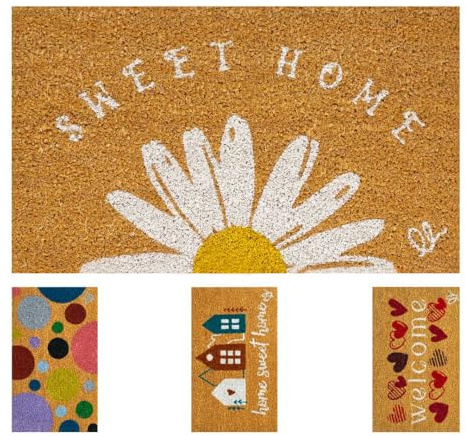 OLIVO.shop Zerbino Ingresso Casa, Tappeto in Cocco Naturale, 30x50 cm | Fondo antiscivolo, interno esterno, in fibra di cocco naturale, stampe colorate, fantasie simpatiche, FANTASY 12 DAISY