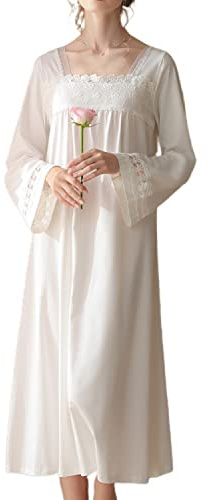 Homgro Camicia da notte da donna in cotone vittoriano morbido pizzo puro manica a campana midi camicia da notte scollo a V abito lungo pigiama, Bianco, XL