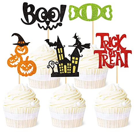 Blumomon Cupcake-Topper für Halloween, Süßes oder Saures, Haus, Kürbis, Kuchendekorationen für Babyparty, Partyzubehör, 24 Stück