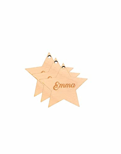 Geschenkanhänger Weihnachten aus Holz | Personalisiert mit eigenen Wunschnamen | Motiv Stern | Holz-Anhänger Weihnachts-Geschenke 3er Set