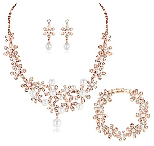 Josfeva Braut Schmuckset für Damen, Blumen Halskette Ohrhänger Armband Set mit Perlen & Zirkonia, Rose Gold Hochzeit Schmuck Set für Braut Brautjungfer, Glitzernde Luxus Brautschmuck zur Hochzeitstag