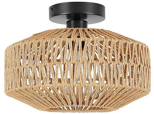 Schindora Boho-Rattan-Deckenleuchten, Vintage-Kronleuchter, Deckenleuchte, E27, rustikal, geflochtener Korb, Lampenschirme für Schlafzimmer, Wohnzimmer, Küche, Esszimmer, Flur, ohne Glühbirne