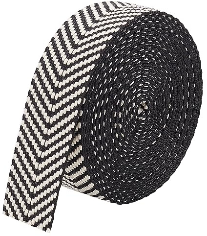 BENECREAT Cinta de Algodón de 4.6m, Correas de Polialgodón Negro Jacquard, Cintas Planas con Patrón de Rayas para Asas de Bolsas, Correas para Bolso de Mano