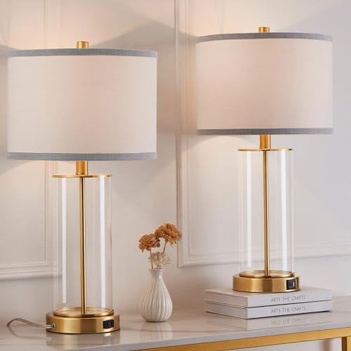 Kyrid 23.5'' Glass Table Lamp Set of 2 for Bedroom Antique Brass Finish,Gold Glass Lamp Set with USB Ports and AC Outlets(Bulbs Included)
