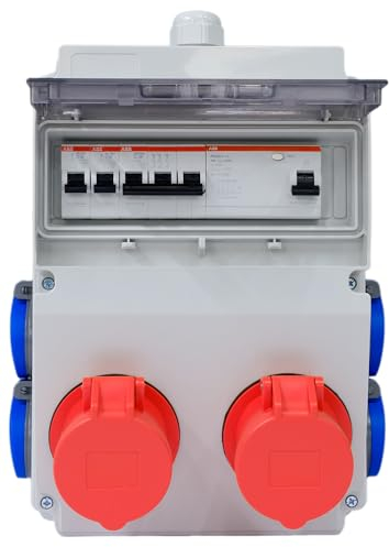 Distributore a parete con interruttore di protezione personale ABB FI e interruttore, presa 4 x 230 V, CEE 2 x 16 A, per uso costante in ambienti esterni, IP44