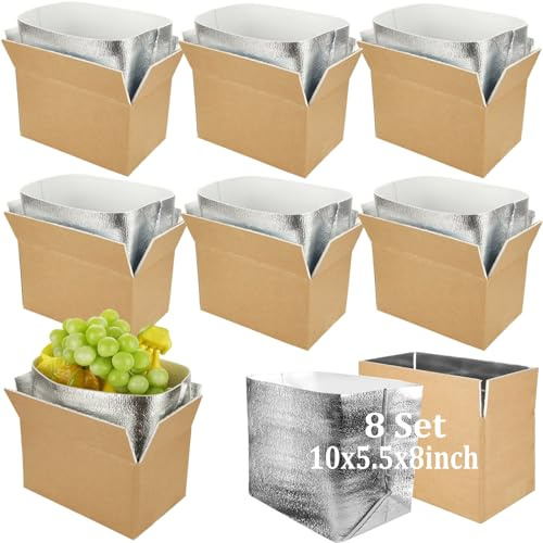 Acrux7 10 Stück isolierte Versandkartons mit 10 Stück Aluminiumfolien-Auskleidung, 25,4 x 14 x 20,3 cm, Thermokühlung, isolierte Versandbox, wiederverwendbare Kühlbox für den Versand von Tiefkühlkost