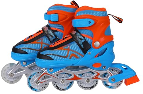 Endless EL1027 Inline justerbara skridskor medium storlek 34 EUR (UK 1,5) - 38 EUR (UK 5) för 6 till 12 år | Blå, orange | aluminiumchassi och 70 mm PU-hjul | alla hjul blinkar, ABEC 7-lager
