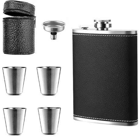 ZMDMAH 1 fiaschetta e imbuto in pelle di litchi nera in acciaio inox, 4 tazze piccole 8oz.227 ml, adatta per il trasporto di alcool, Hip Flask, mini fiaschetta in acciaio inox per uomini e donne