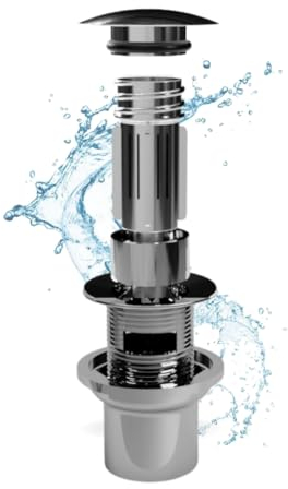 AbflussFee Ablaufgarnitur Waschbecken mit Überlauf - mit Pop Up Ventil & Reinigungssteinbehälter - Universal Abfluss Ventil für Waschbecken Aller Art - Messing verchromt - Duft Apfel-Zitrone (Chrom)