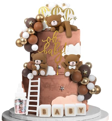 Acmee 44 PCS Brown Bear Cake Toppers - Mini 3D Bear BABY Letters Milk Bottle Brown Gold Foam Balls Cake Toppers for Boy Girl Birthday Party Baby Shower Cake Decorations