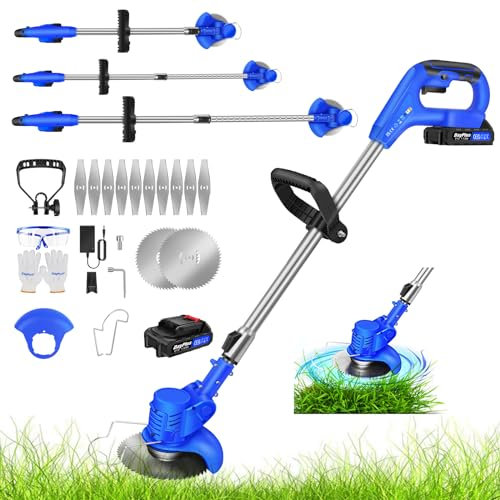 Desbrozadora Eléctrica Portátil con 2 Tipos De Cuchillas, Desbrozadora De Mano con Guía De Borde De Rueda, Longitud Extensible, 1 * 1500mAh Cargador Y Baterías Incluidas, para Césped De Jardín
