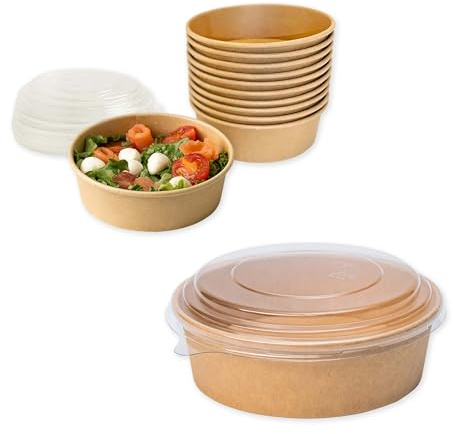 ECOPICNIC Ensaladeras Redondas de Papel Kraft con Tapa Pet 300 Unidades 500 ml | Cuencos Desechables de cartón Kraft con Tapa, Ideales para ensaladas, sopas, Aperitivos y Alimentos para Llevar