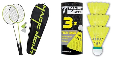 Talbot Torro Badminton-Set Magic Night & Badminton und Federball TECH 350 Badmintonball, 3er Dose, Korb: Gelb, Geschwindigkeit Grün-Langsam, One Size
