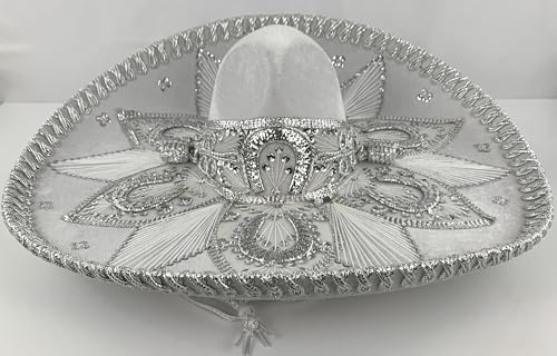 Sombrero Mariachi Hut in weiss und silber Farbkombianation aus Mexiko in L Größe