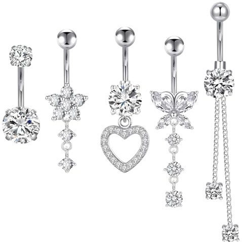 5 Stück Bauchnabelpiercing Silber Set,Bauchnabel Piercing Set,Nabelpiercing Mit Schmetterling Anhänger,Belly Piercing Edelstahl,Lang Bauchnabelpiercing Hängend,Bauchpiercing Schmuck Für Damen Herren