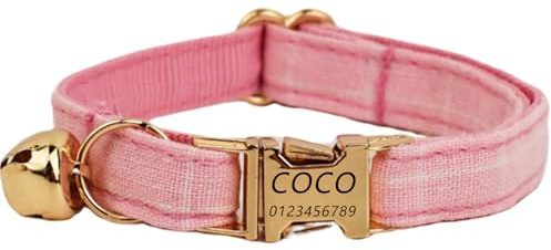 Katzenhalsband Haustierhalsband mit individueller Gravur, personalisiertes Katzen halsband mit Sicherheitsverschluss, individuelle Halsbänder mit Glöckchen für Katzenjungen und mädchen (Rosa Gitter,S)