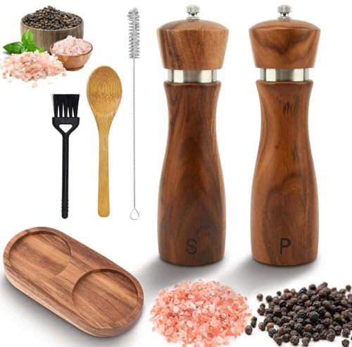 Salz und Pfeffermühle Holz Groß (21,5cm), 2er Set Verstellbarem Keramikmahlwerk Pfeffermühle, Massivholz Akazie Pfeffer und Salzmühle inkl. Untersetzer, Holzlöffel, Reinigungspinsel (21,5cm)