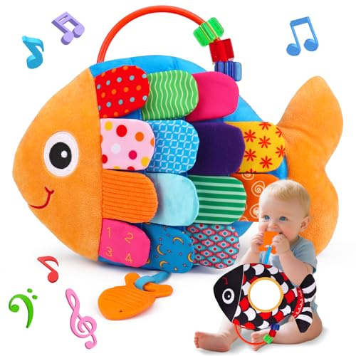 2 in 1 Baby Spielzeug 0-3 3-6 Monate Musical Fisch Kuscheltier & Kontrast Spielzeug mit Greifling Rassel Spiegel Spielzeug, Baby Sensorik Spielzeug 0 3 6 Monate, Neugeborenes Junge Mädchen Geschenk