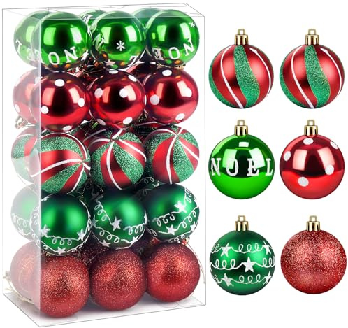 ilauke Weihnachtskugeln Kunststoff Set, 30 Stücke 6CM Christbaumkugeln Deko Weihnachten, Weihnachtsbaumschmuck mit Aufhänger Bruchsicher, Baumschmuck Weihnachten Weihnachtskugeln Rot Grau