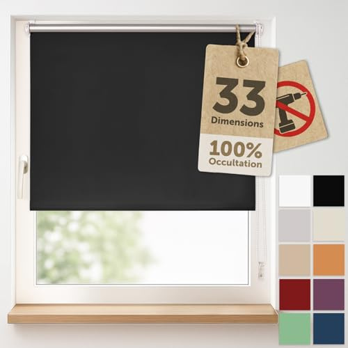 Blumtal Rollo 80x210cm occultant sans perçage - 100% obscurcissant, Thermique et Anti-UV - Store Enrouleur à Pinces, 4 Couches, Isolation Chaleur et Froid - Montage Facile -Noir