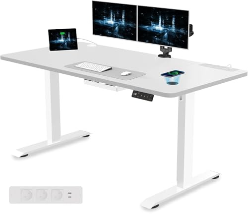 Devoko Höjdjusterbart skrivbord 140 x 70 cm med uttag, trådlös laddning och USB – elektriskt justerbart datorbord med minnesfunktion och kabellhantering – perfekt för spel och kontor