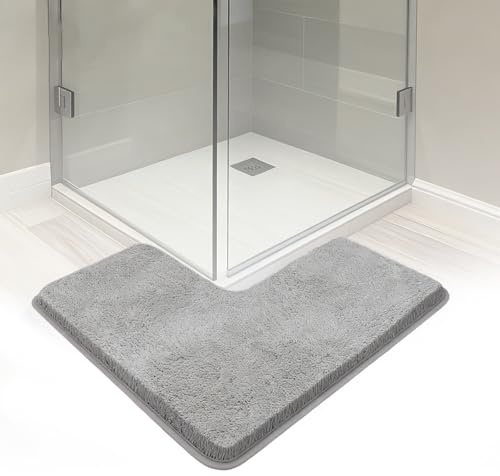 NCOALE L Shaped Bath Mat, Soft Corner Shower Mat Non Slip Water Absorbent for Corner Showers Tubs 80 x 80 cm Grey (Grey)