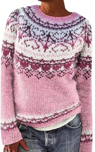 Norweger Pullover Damen Bunte Kaschmir Cashmere Pullover Vintage Geometrische Plaid Sweater Langarm Loose Rundhals Strickpullover Casual Sweatshirt Pulli Elegant Jumper Oberteile Oversize