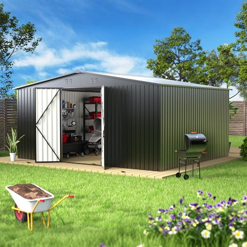 EASYHAWK 14 x 12FT Outdoor Storage Shed, Metal Waterproof Storage Shed Steel Utility Garden Tool Shed with Door & Lock Outdoor Storage,All-Weather Shelter for Bike, Gardening Tools, Lawn Mowers