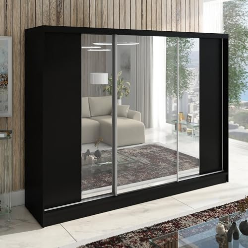 A&J MöbelLand Schwebetürenschrank VENA Kleiderschrank 3-türig mit Schubladen und Spiegel Garderobenschrank 200 cm (Schwarz)