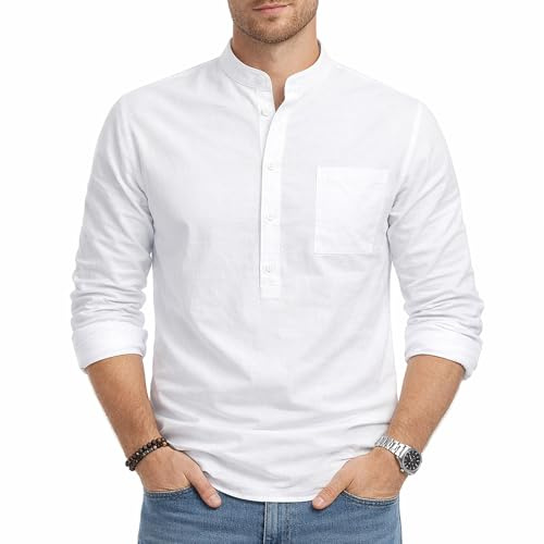 viiotu Henley Chemise Homme Chemises en Lin à Manches Longues d'été Style sans Col pour Voyage Bureau Plage Quotidien (FR/ES, Alpha/Lettres, L, Taille Normale, Taille Normale, Blanc)