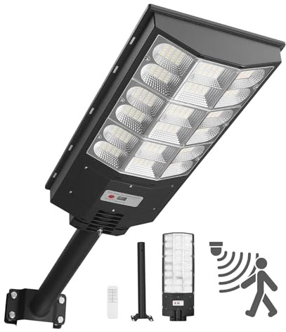 VEVOR Lampadaire Solaire Extérieur 12000 W Projecteur LED Solaire 900000 lm pour Allée Parking Cour, avec Détecteur de Mouvement, Télécommande, Éclairage du Crépuscule à l'Aube, Étanche IP65, Lot de 1