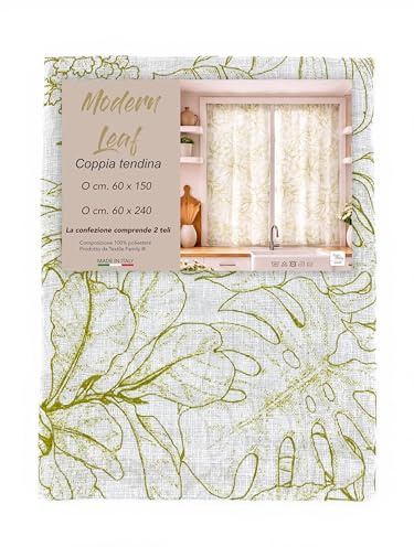 Tex family Coppia Tendine a Vetro Modern Leaf Verde Semitrasparenti in Bouclè con Tunnel per Astina – 2 Teli Made in Italy - COPPIA (2 TELI) CM. 60X150