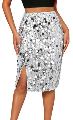 JasGood Falda de lentejuelas para mujer, con abertura lateral, sexy, cintura elástica, hasta la rodilla, para noche, fiesta, carnaval