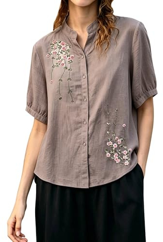 Mlykosd Blusa Con Bordados De Las Mujeres, Camisa De Lino Con Cuello Alto Señoras Para Verano