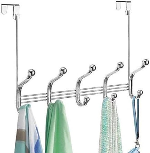 mDesign Hakenleiste - 10 Garderobenhaken für die Tür in Flur und Bad - Türgarderobe für Mäntel, Jacken, Bademäntel, Handtücher - Farbe: Chromfarben