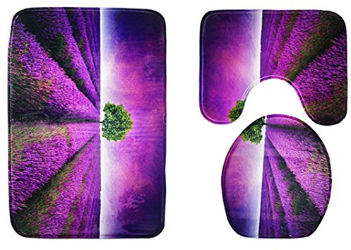 Asnlove Badematten Set 3tlg, 3er Badgarnitur Badezimmer Matte Set Dusch Bade Matte Vorleger Teppich 3D Muster für Wohnzimmer, Schlafzimmer, Schwimmbad Toilet - Lavendelgarten