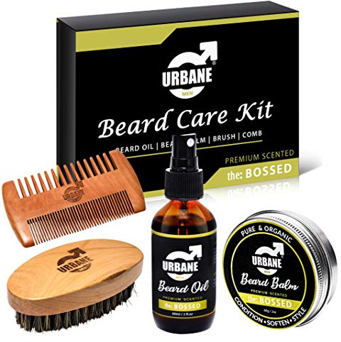 Urbane Men Beard Care Kit – Premium Scented Beard Grooming Set with Beard Oil, Beard Balm, Beard Brush & Comb – Natural and Organic Ingredients – Moisturising Beard Conditioner Gift Set (the: BOSSED)