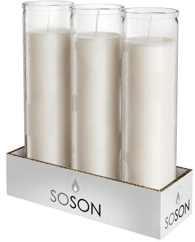 Simply Soson 2x8 inch 7 Day White Pillar Candles in Glass Set of 3, Up to 90 Hour Burn time, Unscented Prayer, Religious Candles for Memorials, Vigil, and Emergency